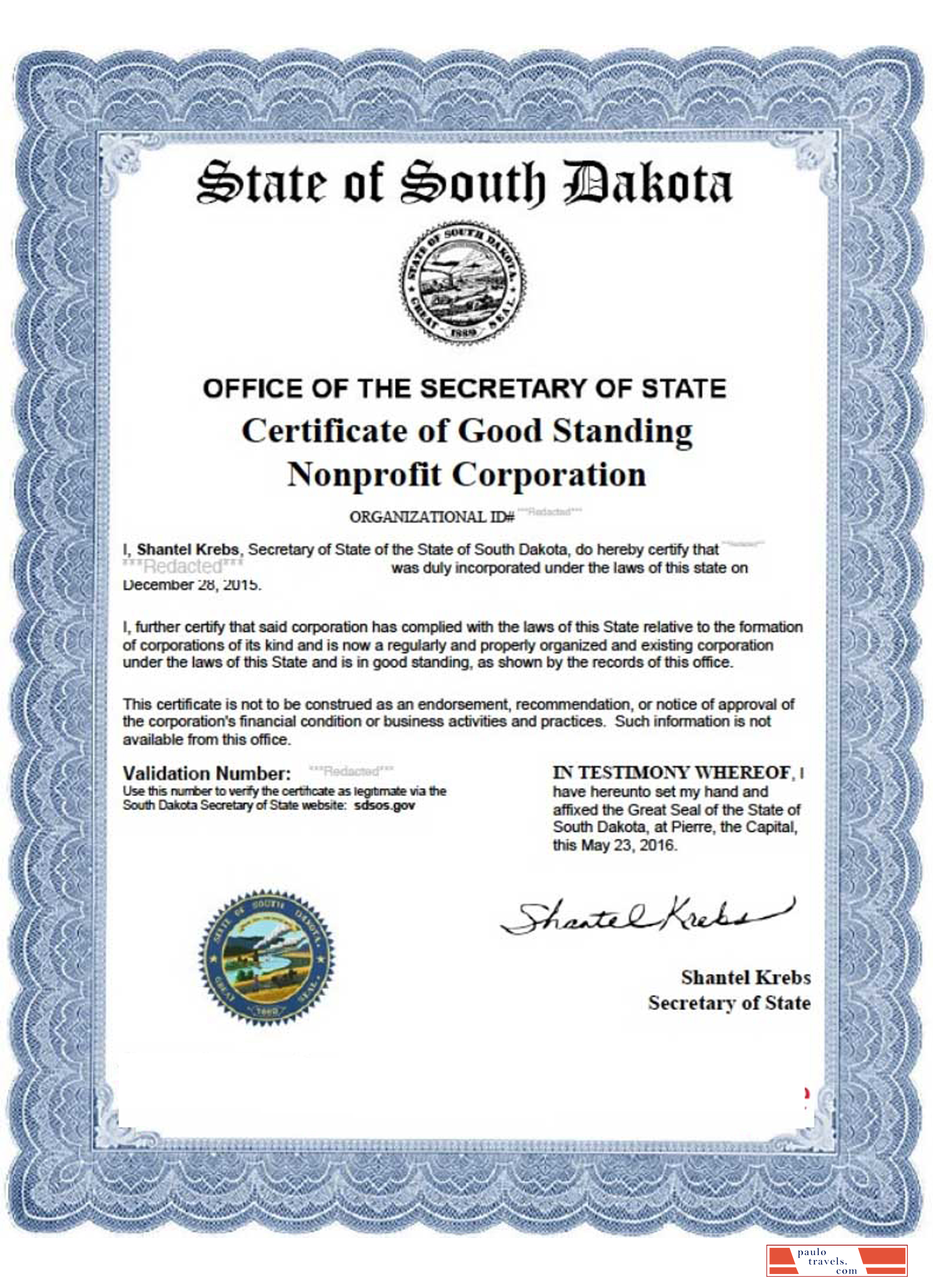 USA South Dakota certificate of good standing